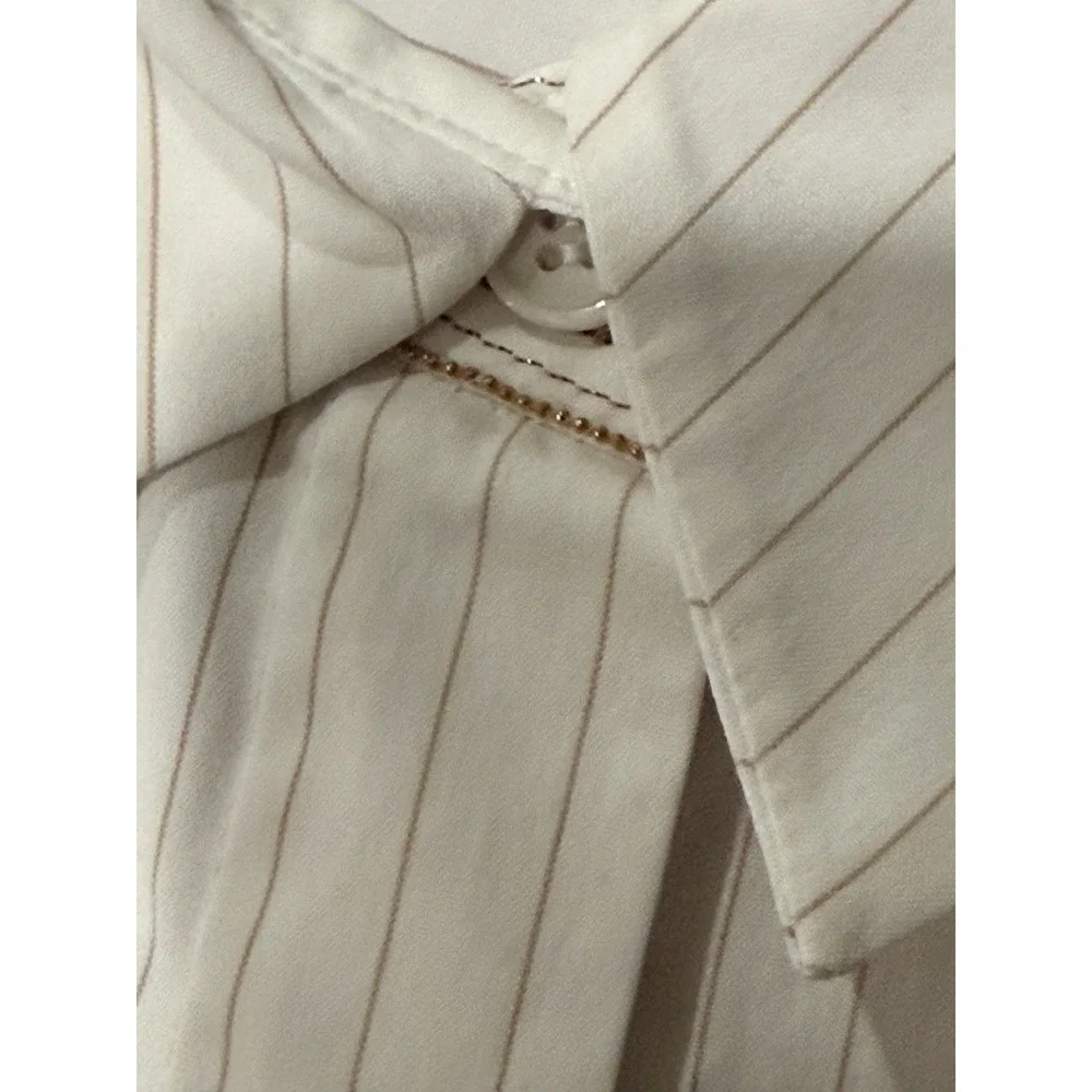 Lafayette 148 New York Women Tunic Shirt S White Gold Pinstripe Button - Picture 4 of 12
